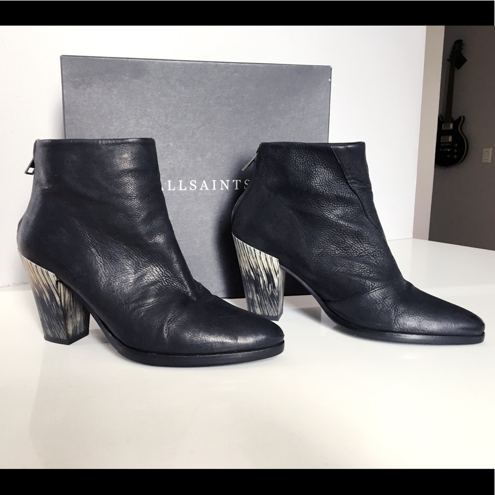 All Saints Leather Booties with decorative heels.